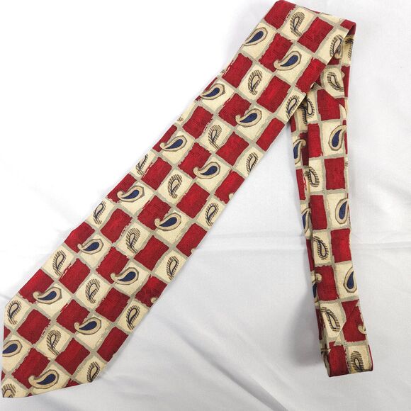 Robert Talbott Studio Red Beige Paisley Checkered Silk Tie 4" x 57.25" USA - Picture 2 of 6